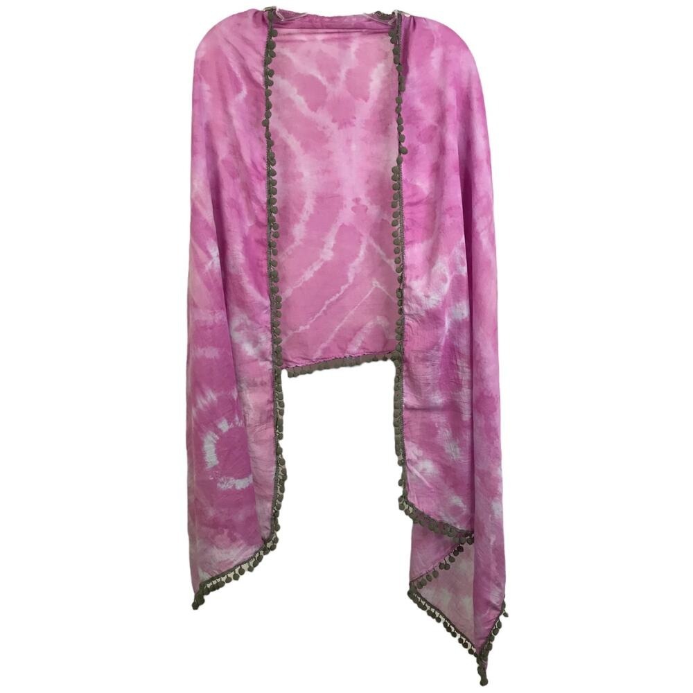 Natural Life Scarf Womens OS Fuchsia Pink Blue Tie Dye Olive Pom Pom Wrap Boho